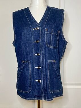 Vintage St Johns Bay Womens Denim Button Up Vest Size M Dark Blue Pockets 90's